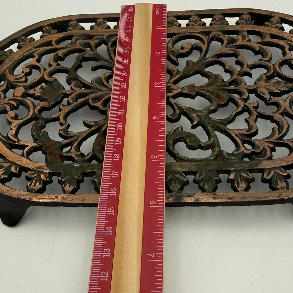 Vintage ODI Cast Iron Trivet Copper Plated Oval Ornate Filigree Scrollwork 9in